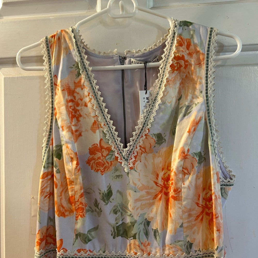 Alice + Olivia White Floral V-Neck Mini Dress with Orange Blooms - Picture 2 of 3